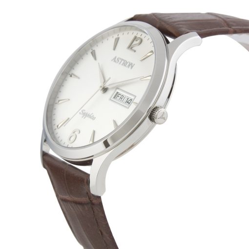 ASTRON 5511-7 férfi karóra, ezüst színű nemesacél tok, barna bőrszíj, fehér számlap, zafír, quartz szerkezet, cseppmentes vízállóság