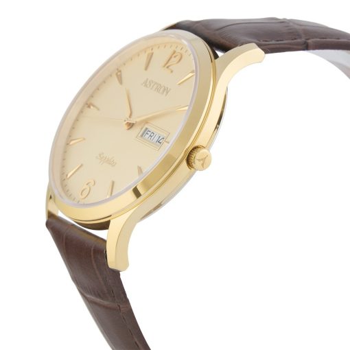 ASTRON 5511-9 férfi karóra, ezüst színű nemesacél tok, fekete bőrszíj, pezsgőszínű számlap, zafír, quartz szerkezet, cseppmentes vízállóság