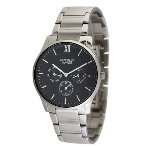 ASTRON 5512-1 elegáns férfi karóra, multifunkciós, ezüst színű nemesacél tok, ezüst színű nemesacél csat, fekete számlap, zafírüveg, quartz szerkezet, cseppmentes vízállóság
