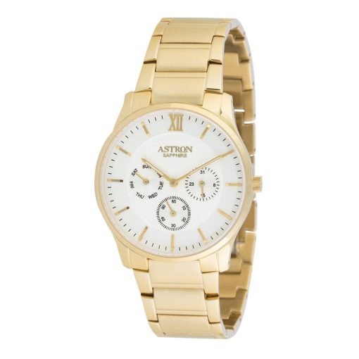ASTRON 5512-8 elegáns férfi karóra, multifunkciós, arany színű nemesacél tok, arany színű nemesacél csat, fehér számlap, zafírüveg, multifunkciós quartz szerkezet, cseppmentes vízállóság
