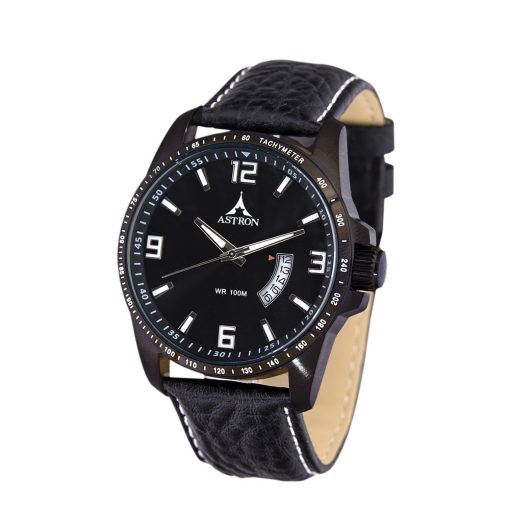 ASTRON 5519-1 férfi karóra, fekete színű nemesacél tok, fekete bőrszíj, fekete számlap, keményített ásványüveg, quartz szerkezet, 100 m (10 ATM) vízállóság