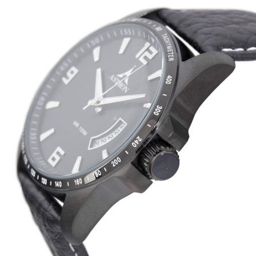ASTRON 5519-1 férfi karóra, fekete színű nemesacél tok, fekete bőrszíj, fekete számlap, keményített ásványüveg, quartz szerkezet, 100 m (10 ATM) vízállóság