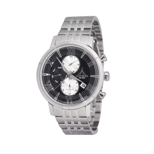 ASTRON 5520-1 férfi karóra, multifunkciós, ezüst színű nemesacél tok, ezüst színű nemesacél csat, fekete számlap, keményített ásványüveg, quartz szerkezet, 50 m (5 ATM) vízállóság
