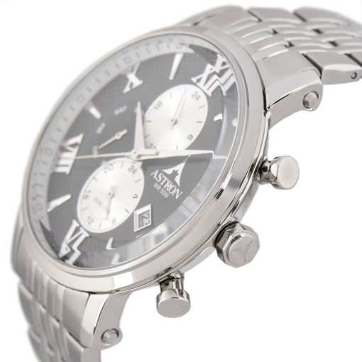 ASTRON 5520-1 férfi karóra, multifunkciós, ezüst színű nemesacél tok, ezüst színű nemesacél csat, fekete számlap, keményített ásványüveg, quartz szerkezet, 50 m (5 ATM) vízállóság