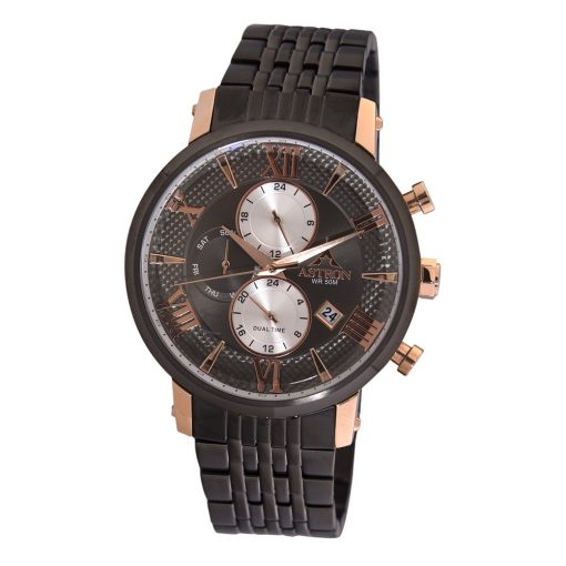 ASTRON 5520-4 férfi karóra, multifunkciós, fekete és rózsaarany színű nemesacél tok, nemesacél csat, fekete színű számlap, quartz szerkezet, 50 m (5 ATM) vízállóság