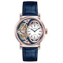 ASTRON 5522-4 férfi karóra, rózsaarany színű nemesacél tok, kék bőrszíj, kék számlap, keményített ásványüveg, (mechanikus+quartz) szerkezet, 100 m (10 ATM) vízállóság