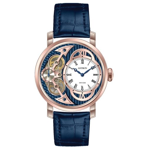 ASTRON 5522-4 férfi karóra, rózsaarany színű nemesacél tok, kék bőrszíj, kék számlap, keményített ásványüveg, (mechanikus+quartz) szerkezet, 100 m (10 ATM) vízállóság