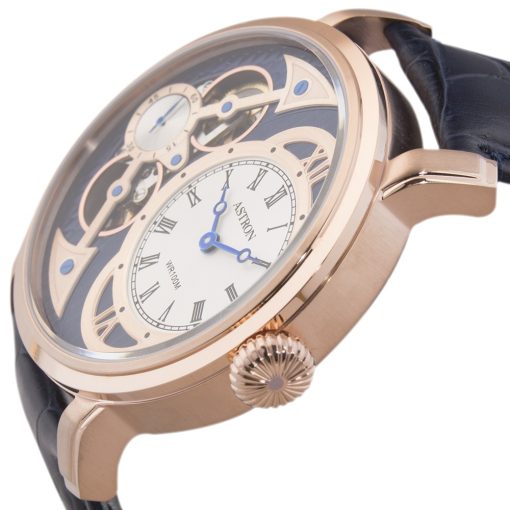 ASTRON 5522-4 férfi karóra, rózsaarany színű nemesacél tok, kék bőrszíj, kék számlap, keményített ásványüveg, (mechanikus+quartz) szerkezet, 100 m (10 ATM) vízállóság
