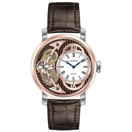 ASTRON 5522-5 férfi karóra, bicolor színű nemesacél tok, barna bőrszíj, barna számlap, keményített ásványüveg, (mechanikus+quartz) szerkezet, 100 m (10 ATM) vízállóság