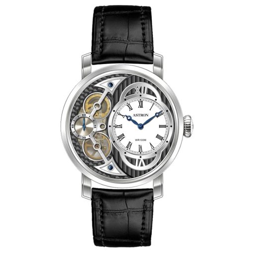 ASTRON 5522-6 férfi karóra, ezüst színű nemesacél tok, fekete bőrszíj, fekete számlap, keményített ásványüveg, (mechanikus+quartz) szerkezet, 100 m (10 ATM) vízállóság
