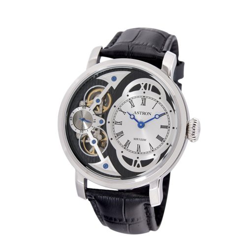 ASTRON 5522-6 férfi karóra, ezüst színű nemesacél tok, fekete bőrszíj, fekete számlap, keményített ásványüveg, (mechanikus+quartz) szerkezet, 100 m (10 ATM) vízállóság