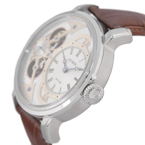 ASTRON 5522-8 férfi karóra, ezüst színű nemesacél tok, barna bőrszíj, ezüst színű számlap, keményített ásványüveg,  HIBRID (mechanikus+quartz) szerkezet, 100 m (10 ATM) vízállóság