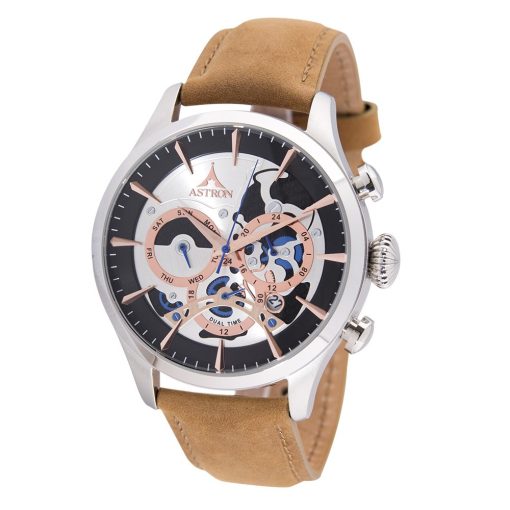 ASTRON 5523-6 férfi karóra, multifunkciós, ezüst színű nemesacél tok, barna bőrszíj, ezüst színű számlap, keményített ásványüveg, quartz szerkezet, 50 m (5 ATM) vízállóság
