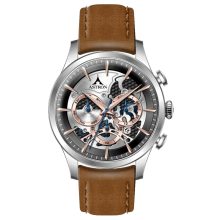 ASTRON 5523-6 férfi karóra, multifunkciós, ezüst színű nemesacél tok, barna bőrszíj, ezüst színű számlap, keményített ásványüveg, quartz szerkezet, 50 m (5 ATM) vízállóság