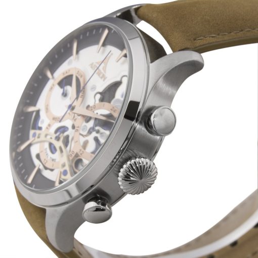 ASTRON 5523-6 férfi karóra, multifunkciós, ezüst színű nemesacél tok, barna bőrszíj, ezüst színű számlap, keményített ásványüveg, quartz szerkezet, 50 m (5 ATM) vízállóság