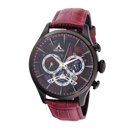 ASTRON 5523-7 férfi karóra, multifunkciós, fekete színű nemesacél tok, bordó bőrszíj, fekete számlap, keményített ásványüveg, quartz szerkezet, 50 m (5 ATM) vízállóság