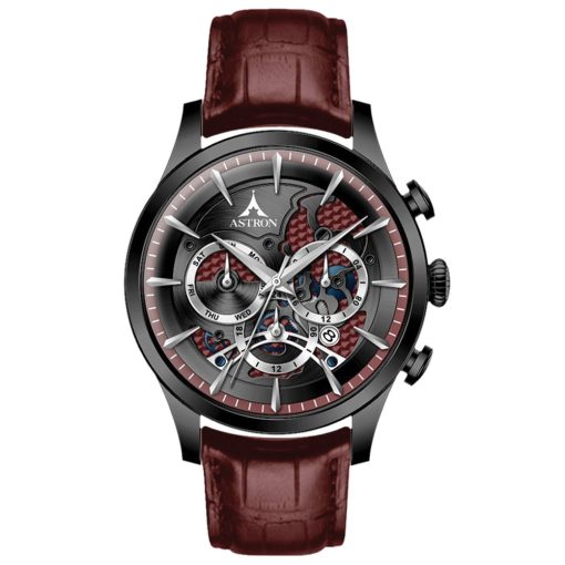 ASTRON 5523-7 férfi karóra, multifunkciós, fekete színű nemesacél tok, bordó bőrszíj, fekete számlap, keményített ásványüveg, quartz szerkezet, 50 m (5 ATM) vízállóság