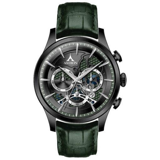 ASTRON 5523-8 férfi karóra, fekete színű nemesacél tok, zöld bőrszíj, fekete számlap, keményített ásványüveg, multifunkciós quartz szerkezet, 50 m (5 ATM) vízállóság