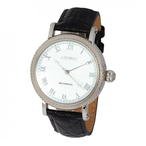 ASTRON 5524-7, mechanikus szerkezet, férfi karóra, ezüst színű nemesacél tok, fekete bőrszíj, fehér számlap, keményített ásványüveg, 50 m (5 ATM) vízállóság