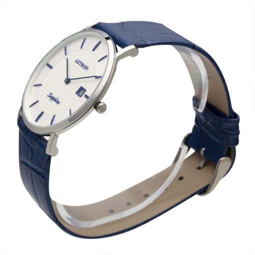 ASTRON 5526-2 férfi karóra, ezüst színű nemesacél tok, kék bőrszíj, fehér számlap, zafírüveg, quartz szerkezet, cseppmentes vízállóság