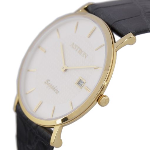 ASTRON 5526-8 férfi karóra, arany színű nemesacél tok, fekete bőrszíj, fehér számlap, zafír, quartz szerkezet, cseppmentes vízállóság