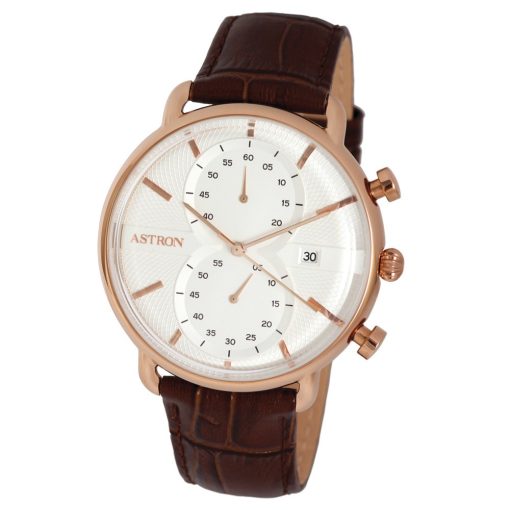 ASTRON 5532-0 férfi karóra, multifunkciós, rózsaarany színű nemesacél tok, barna bőrszíj, fehér számlap, keményített ásványüveg, quartz szerkezet, 50 m (5 ATM) vízállóság