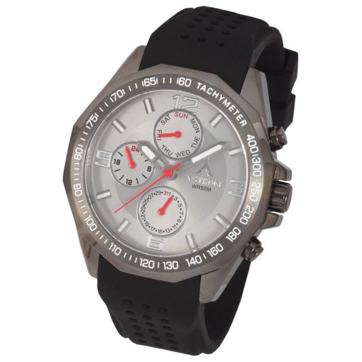 ASTRON 5533-3 férfi karóra, multifunkciós, gun (szürke) színű nemesacél tok, fekete szilikon szíj, ezüst színű számlap, keményített ásványüveg, quartz szerkezet, 50 m (5 ATM) vízállóság