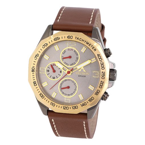 ASTRON 5533-6 férfi karóra, multifunkciós,arany+gun (szürke) színű nemesacél tok, barna bőrszíj, ezüst színű számlap, keményített ásványüveg, quartz szerkezet, 50 m (5 ATM) vízállóság