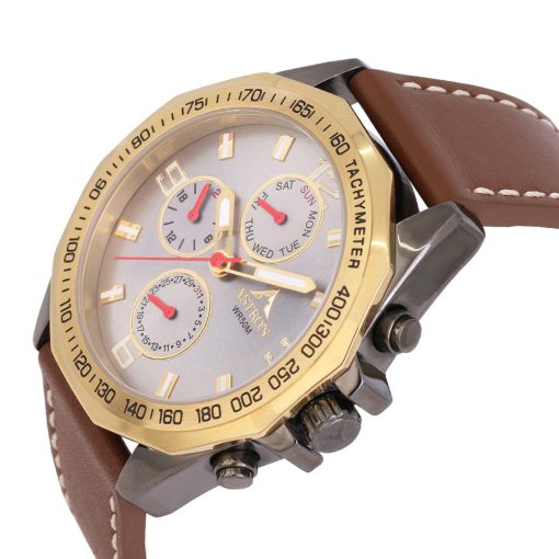 ASTRON 5533-6 férfi karóra, multifunkciós,arany+gun (szürke) színű nemesacél tok, barna bőrszíj, ezüst színű számlap, keményített ásványüveg, quartz szerkezet, 50 m (5 ATM) vízállóság