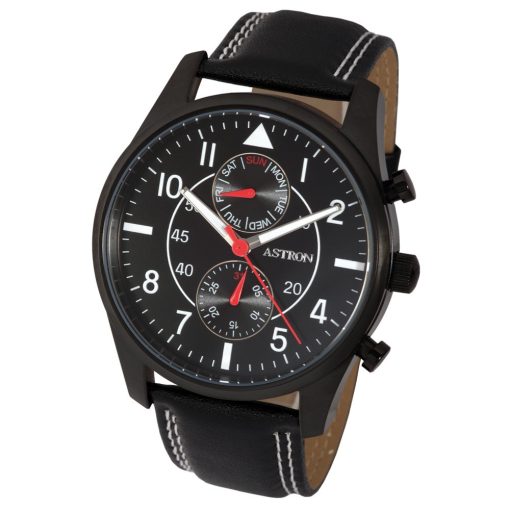 ASTRON 5534-0 férfi karóra, multifunkciós, fekete színű nemesacél tok, fekete bőrszíj, fekete számlap, keményített ásványüveg, quartz szerkezet, 50 m (5 ATM) vízállóság