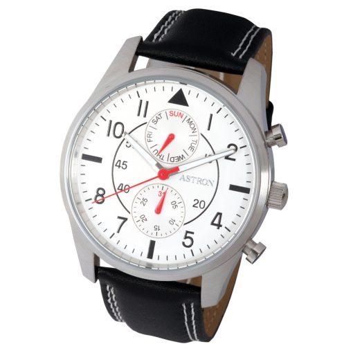 ASTRON 5534-7 férfi karóra, multifunkciós, ezüst színű nemesacél tok, fekete bőrszíj, fehér számlap, keményített ásványüveg, quartz szerkezet, 50 m (5 ATM) vízállóság