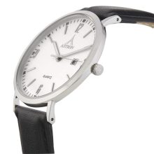 ASTRON 5536-7 férfi karóra, ezüst színű nemesacél tok, fekete bőrszíj, fehér számlap, keményített ásványüveg, quartz szerkezet, cseppmentes vízállóság