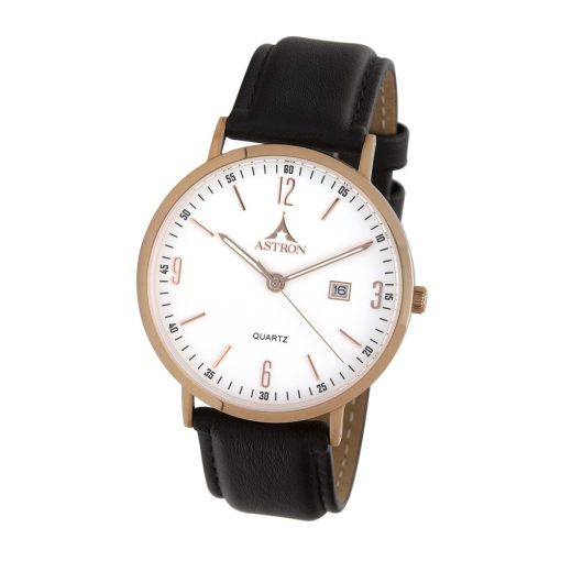 ASTRON 5536-8 férfi karóra, rózsaarany színű nemesacél tok, sötétbarna bőrszíj, fehér számlap, keményített ásványüveg, quartz szerkezet, cseppmentes vízállóság