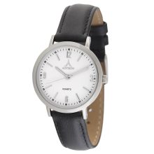 ASTRON 5537-7 női karóra, ezüst színű nemesacél tok, fekete bőrszíj, fehér számlap, keményített ásványüveg, quartz szerkezet, cseppmentes vízállóság