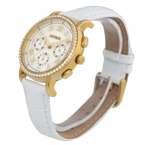 ASTRON 5540-4 divatos női karóra, chronograph, arany színű nemesacél tok, fehér bőrszíj, fehér számlap, keményített ásványüveg, quartz szerkezet, cseppmentes vízállóság