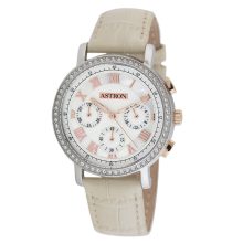 ASTRON 5540-5 divatos női karóra, chronograph, bicolor nemesacél tok, bézs bőrszíj, fehér számlap, keményített ásványüveg, quartz szerkezet, cseppmentes vízállóság