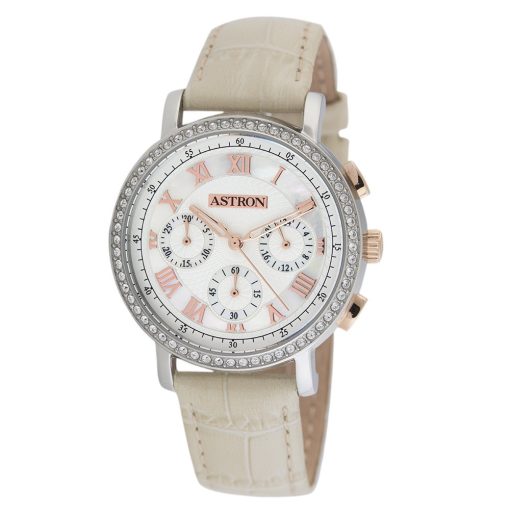 ASTRON 5540-5 divatos női karóra, chronograph, bicolor nemesacél tok, bézs bőrszíj, fehér számlap, keményített ásványüveg, quartz szerkezet, cseppmentes vízállóság