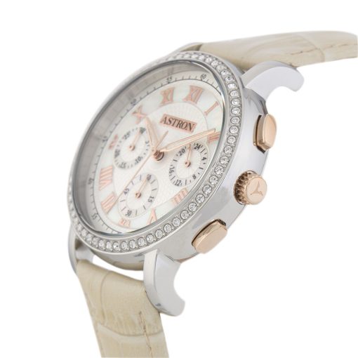 ASTRON 5540-5 divatos női karóra, chronograph, bicolor nemesacél tok, bézs bőrszíj, fehér számlap, keményített ásványüveg, quartz szerkezet, cseppmentes vízállóság