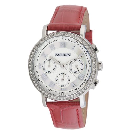 ASTRON 5540-6 divatos női karóra, chronograph, ezüst színű nemesacél tok, piros bőrszíj, fehér számlap, keményített ásványüveg, quartz szerkezet, cseppmentes vízállóság