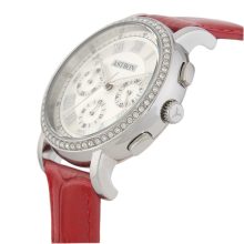 ASTRON 5540-6 divatos női karóra, chronograph, ezüst színű nemesacél tok, piros bőrszíj, fehér számlap, keményített ásványüveg, quartz szerkezet, cseppmentes vízállóság