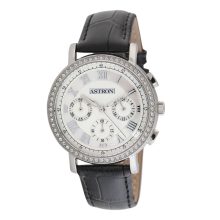 ASTRON 5540-7 divatos női karóra, chronograph, ezüst színű nemesacél tok, fekete bőrszíj, fehér számlap, keményített ásványüveg, quartz szerkezet, cseppmentes vízállóság