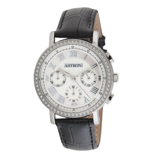 ASTRON 5540-7 divatos női karóra, chronograph, ezüst színű nemesacél tok, fekete bőrszíj, fehér számlap, keményített ásványüveg, quartz szerkezet, cseppmentes vízállóság