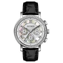 ASTRON 5540-7 divatos női karóra, chronograph, ezüst színű nemesacél tok, fekete bőrszíj, fehér számlap, keményített ásványüveg, quartz szerkezet, cseppmentes vízállóság