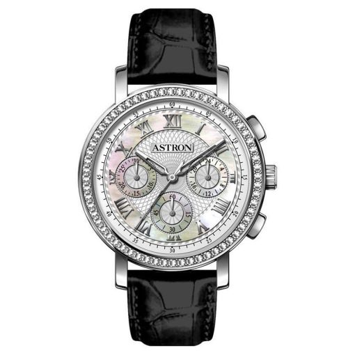 ASTRON 5540-7 divatos női karóra, chronograph, ezüst színű nemesacél tok, fekete bőrszíj, fehér számlap, keményített ásványüveg, quartz szerkezet, cseppmentes vízállóság