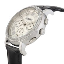 ASTRON 5540-7 divatos női karóra, chronograph, ezüst színű nemesacél tok, fekete bőrszíj, fehér számlap, keményített ásványüveg, quartz szerkezet, cseppmentes vízállóság