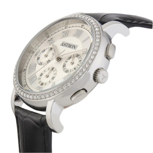 ASTRON 5540-7 divatos női karóra, chronograph, ezüst színű nemesacél tok, fekete bőrszíj, fehér számlap, keményített ásványüveg, quartz szerkezet, cseppmentes vízállóság