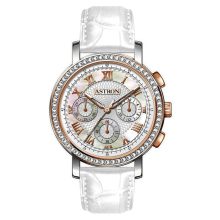 ASTRON 5540-8 divatos női karóra, chronograph, bicolor nemesacél tok, fehér bőrszíj, fehér számlap, keményített ásványüveg, quartz szerkezet, cseppmentes vízállóság