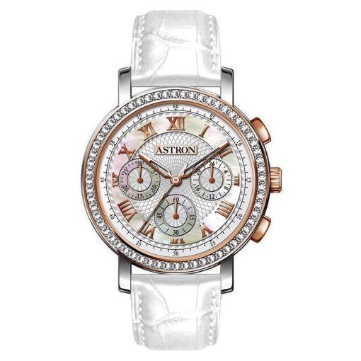 ASTRON 5540-8 divatos női karóra, chronograph, bicolor nemesacél tok, fehér bőrszíj, fehér számlap, keményített ásványüveg, quartz szerkezet, cseppmentes vízállóság
