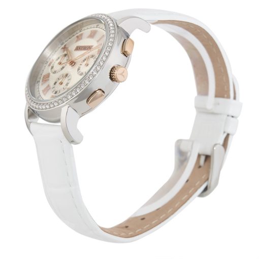 ASTRON 5540-8 divatos női karóra, chronograph, bicolor nemesacél tok, fehér bőrszíj, fehér számlap, keményített ásványüveg, quartz szerkezet, cseppmentes vízállóság