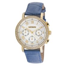 ASTRON 5540-9 divatos női karóra, chronograph, arany színű nemesacél tok, kék bőrszíj, fehér számlap, keményített ásványüveg, quartz szerkezet, cseppmentes vízállóság